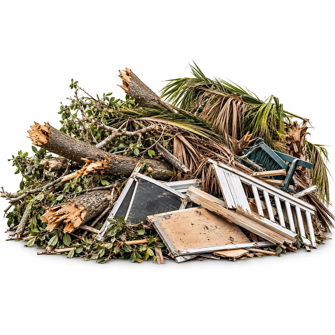 Palm limbs, broken fencing and building debris on a white background