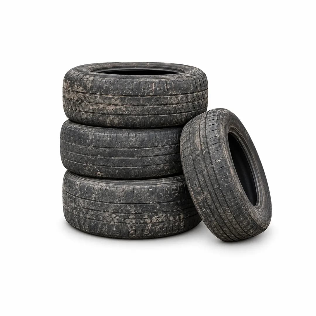 Stack of worn tires with one leaning alongside on a white background