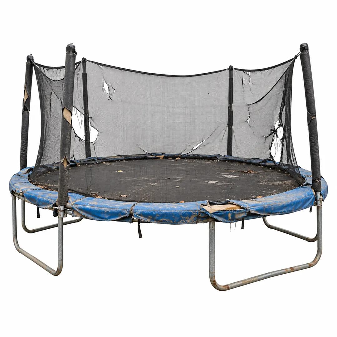 Worn round trampoline with a torn enclosure on a white background