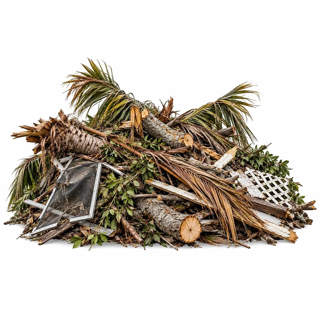 Palm fronds, branches, logs and fence scraps on a white background