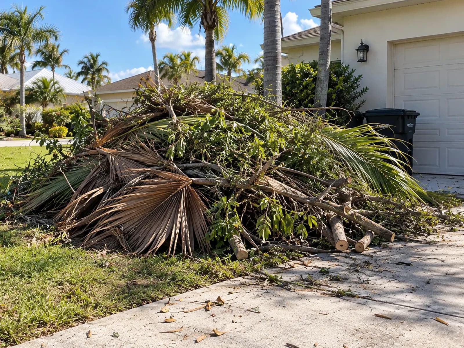 Pile of dead palm fronds, cut branches and log sections on a front lawn beside a driveway